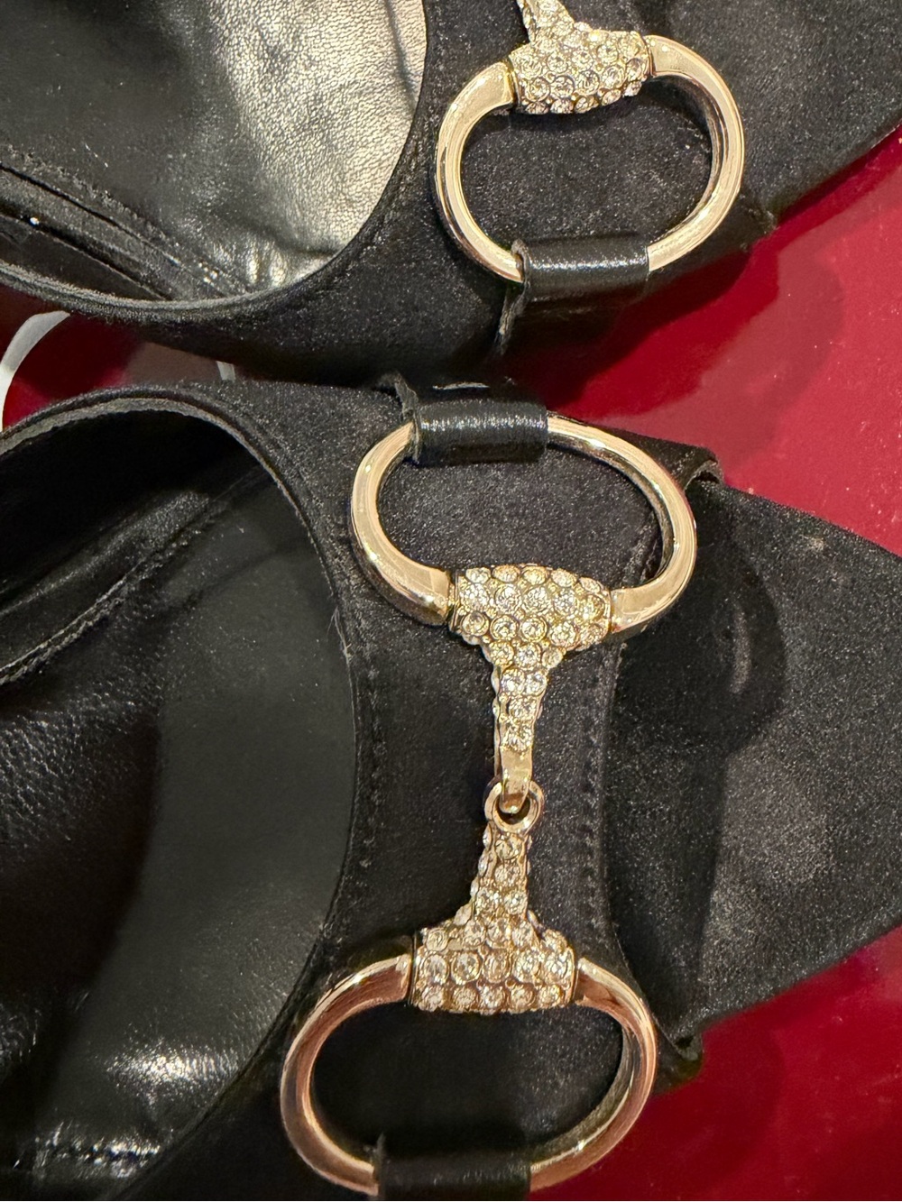 Gucci Black Satin Open-Toe Heels with Gold Crystal Horsebit - Picture 5 of 7